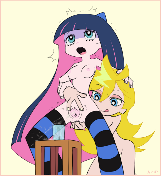 Panty and Stocking, sisters, engage in anal fingering, with Stocking's blonde hair and Panty's purple hair visible.