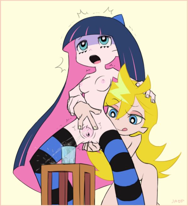 Panty and Stocking, sisters, engage in anal fingering, with Stocking's blonde hair and Panty's purple hair visible.