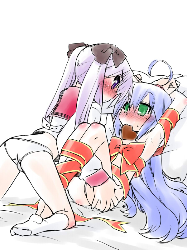 Hiiragi Kagami and Izumi Konata engage in yuri bondage, grabbing each other's ass, with blue and purple hair, wearing school uniforms.