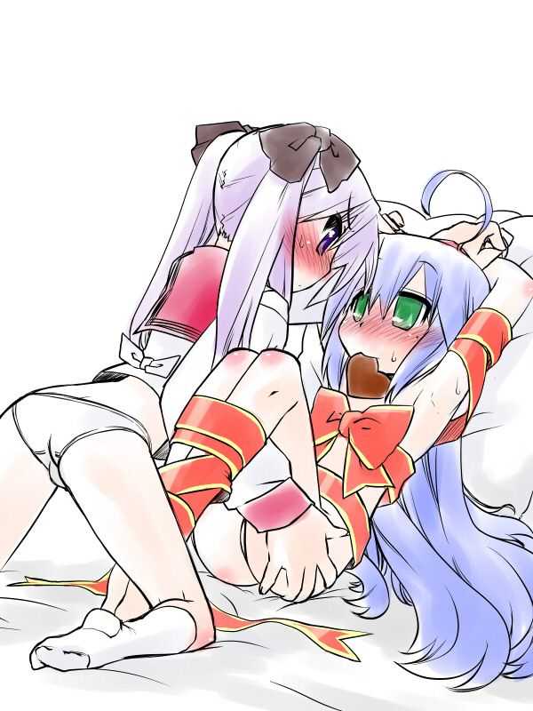 Hiiragi Kagami and Izumi Konata engage in yuri bondage, grabbing each other's ass, with blue and purple hair, wearing school uniforms.