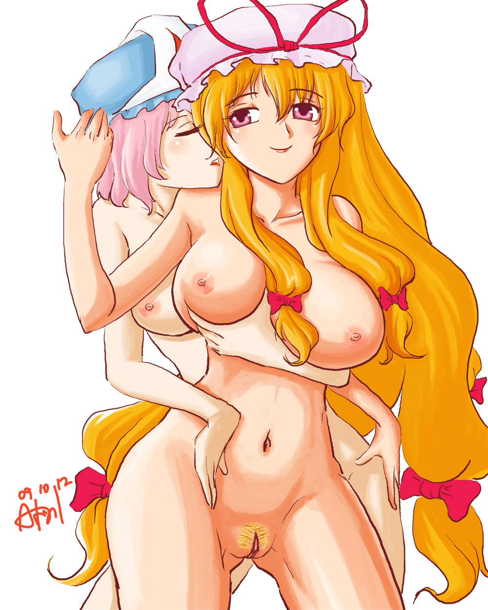 Saigyouji Yuyuko and Yakumo Yukari engage in yuri pussy play, featuring blonde hair and large breasts.