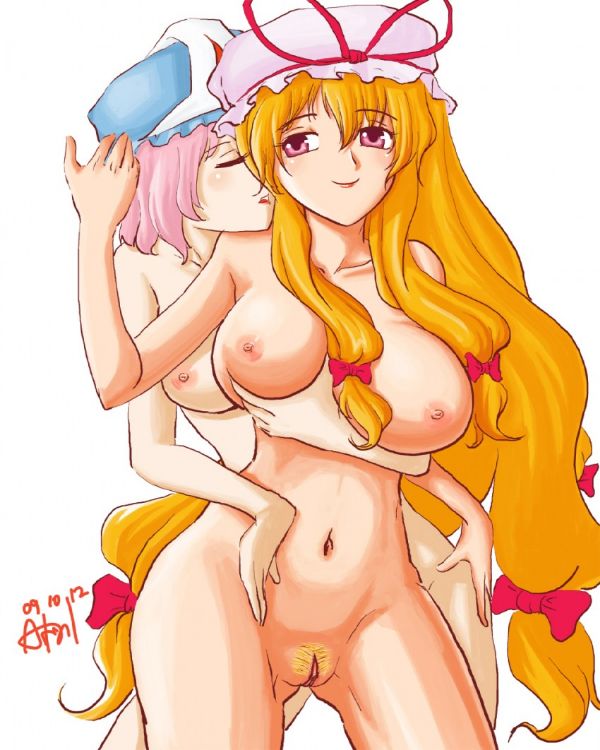 Saigyouji Yuyuko and Yakumo Yukari engage in yuri pussy play, featuring blonde hair and large breasts.