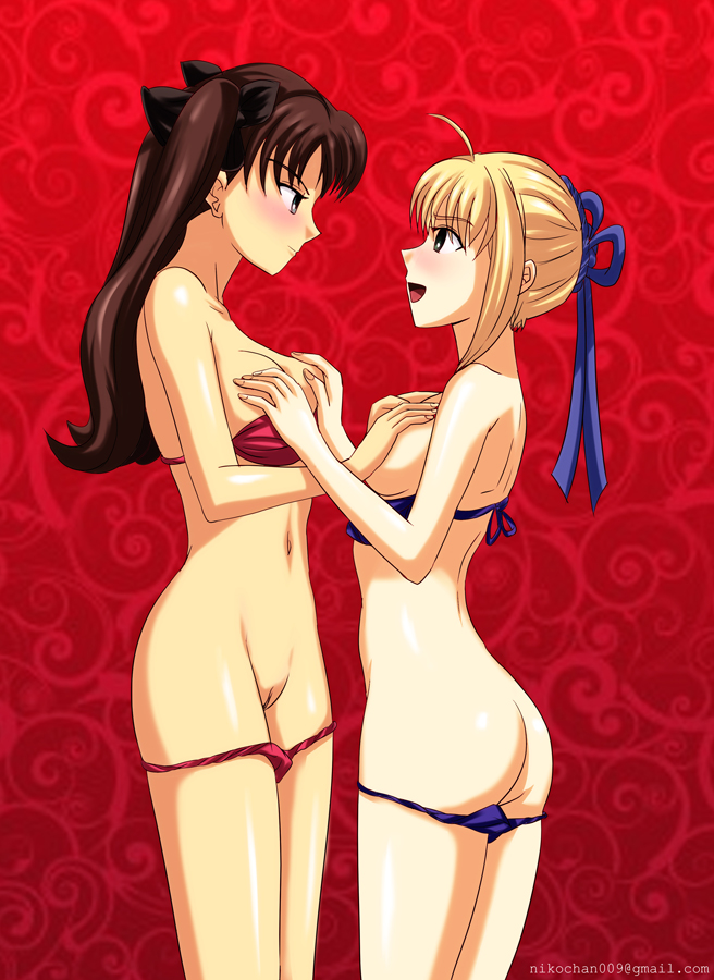 Artoria Pendragon and Tohsaka Rin are engaged in yuri and groping, with Artoria wearing lingerie and Tohsaka in underwear.