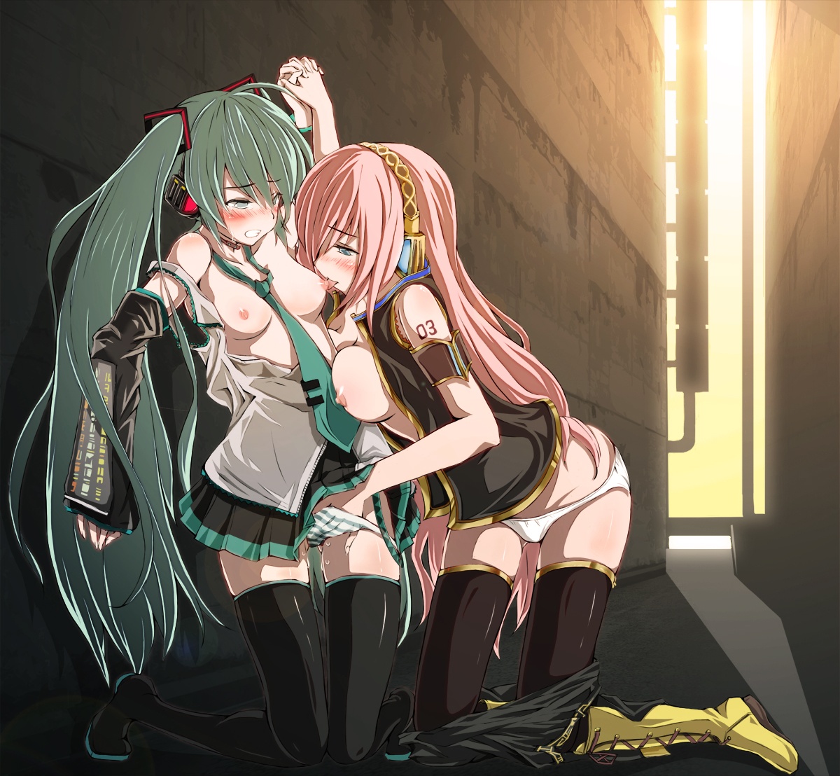 Hatsune Miku and Megurine Luka engage in breast sucking, with Miku's green hair and Luka's pink hair contrasting.