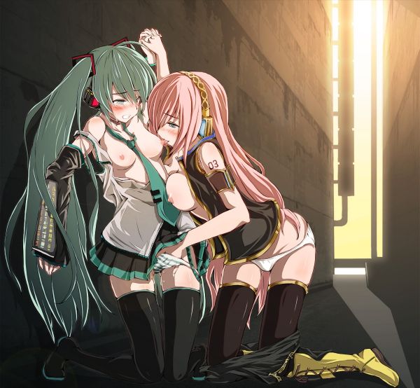 Hatsune Miku and Megurine Luka engage in breast sucking, with Miku's green hair and Luka's pink hair contrasting.