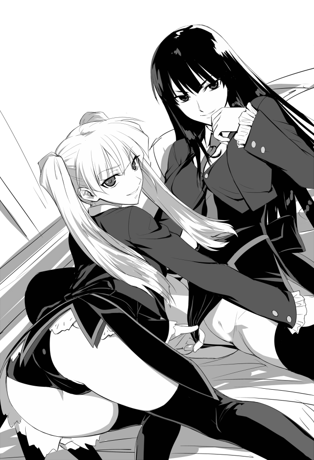 Asmodeus and Lucifer engage in incestuous yuri, wearing showgirl skirts and thighhighs.