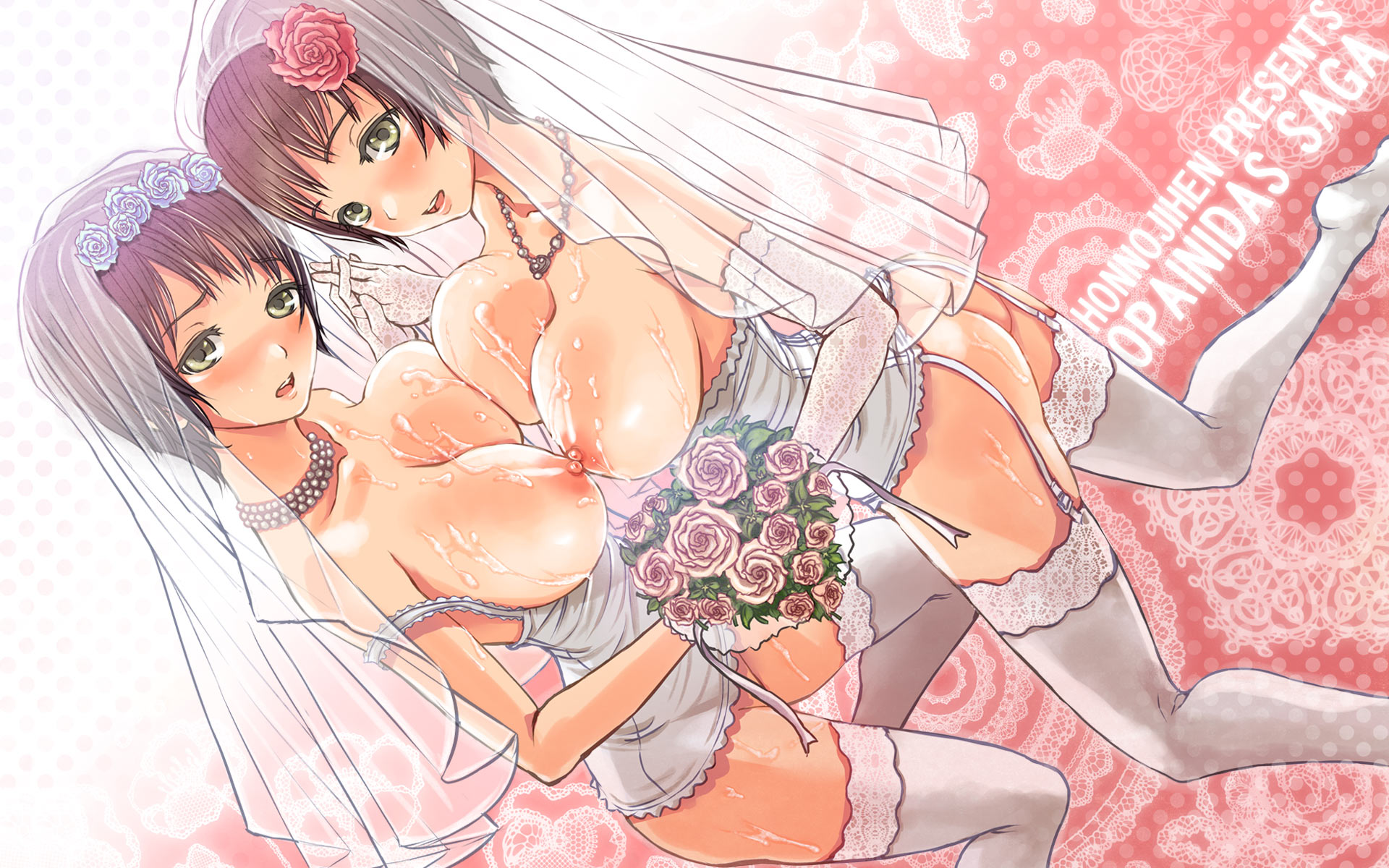 Shirayuki Tomoe and Yuzuki Kaede in wedding dresses, symmetrical docking, cum on breasts, holding hands.