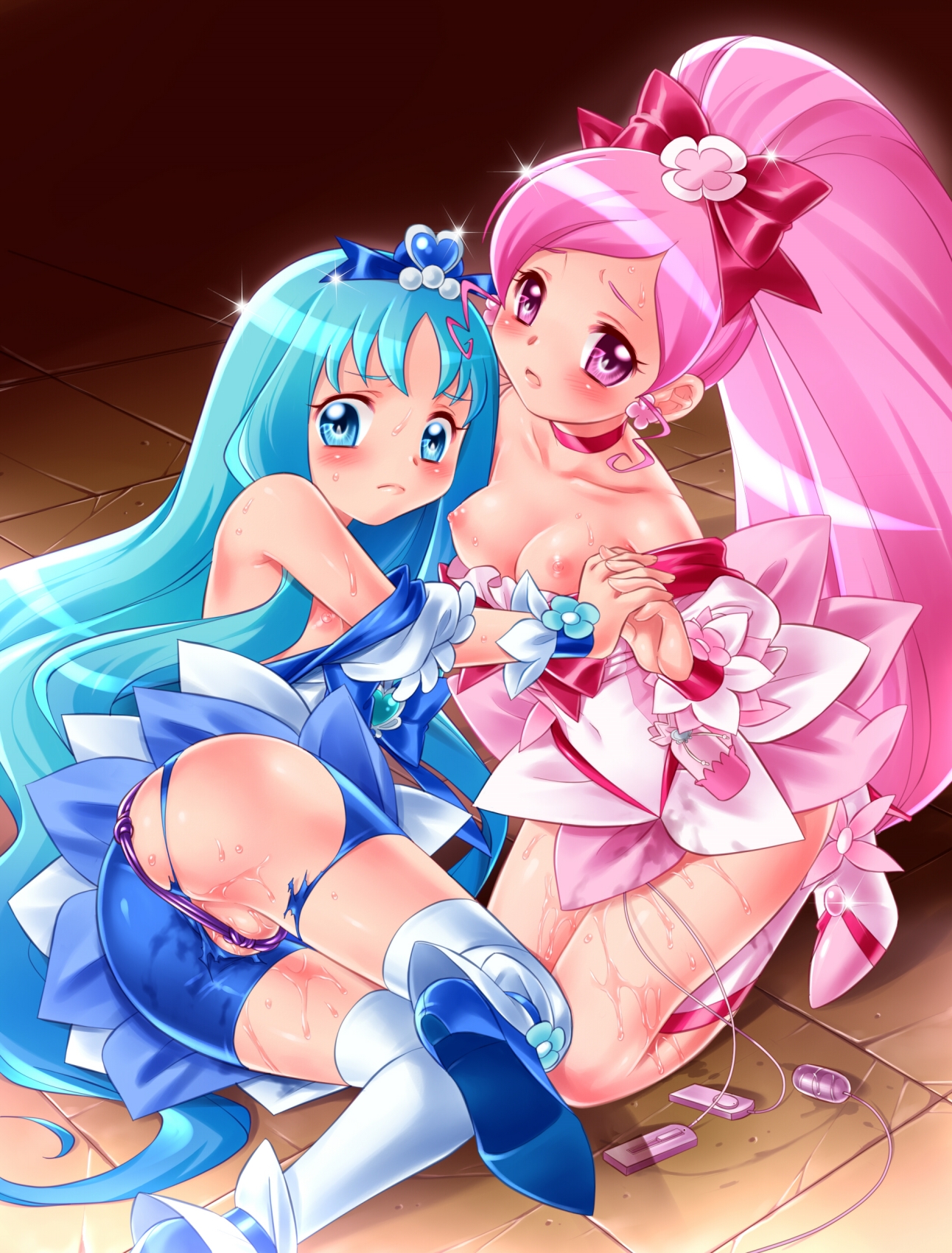 Hanasaki Tsubomi and Kurumi Erika engage in BDSM, featuring bondage and crotch rope, with blue eyes and pink hair.