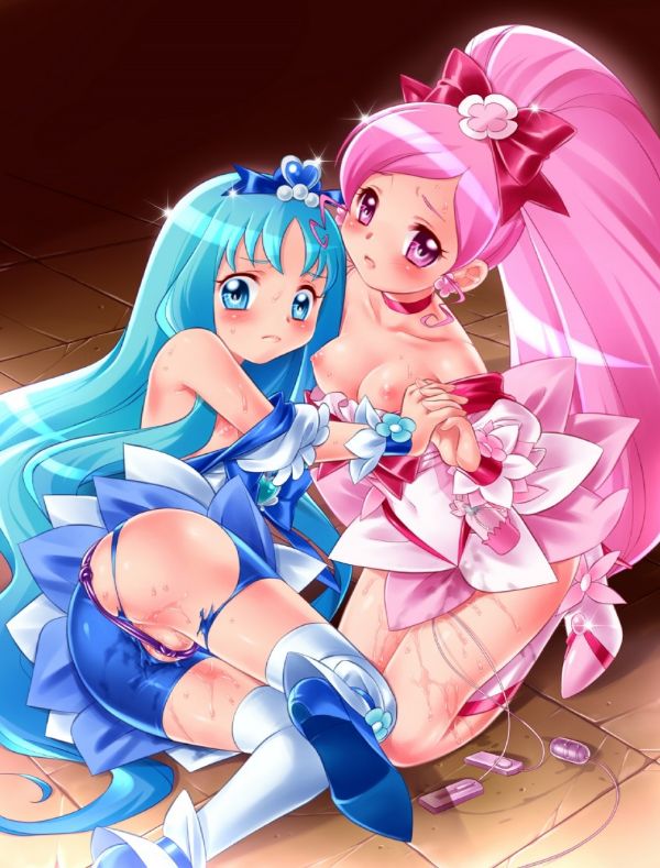 Hanasaki Tsubomi and Kurumi Erika engage in BDSM, featuring bondage and crotch rope, with blue eyes and pink hair.