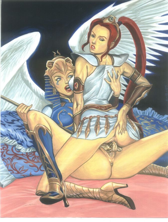 Sorceress and Teela engage in vaginal sex, with Sorceress on top, wearing armor and a belt skirt, while Teela has a high ponytail.