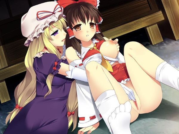 Hakurei Reimu and Yakumo Yukari engage in pussy licking, with Reimu's detached sleeves and Yukari's hat prominently featured.