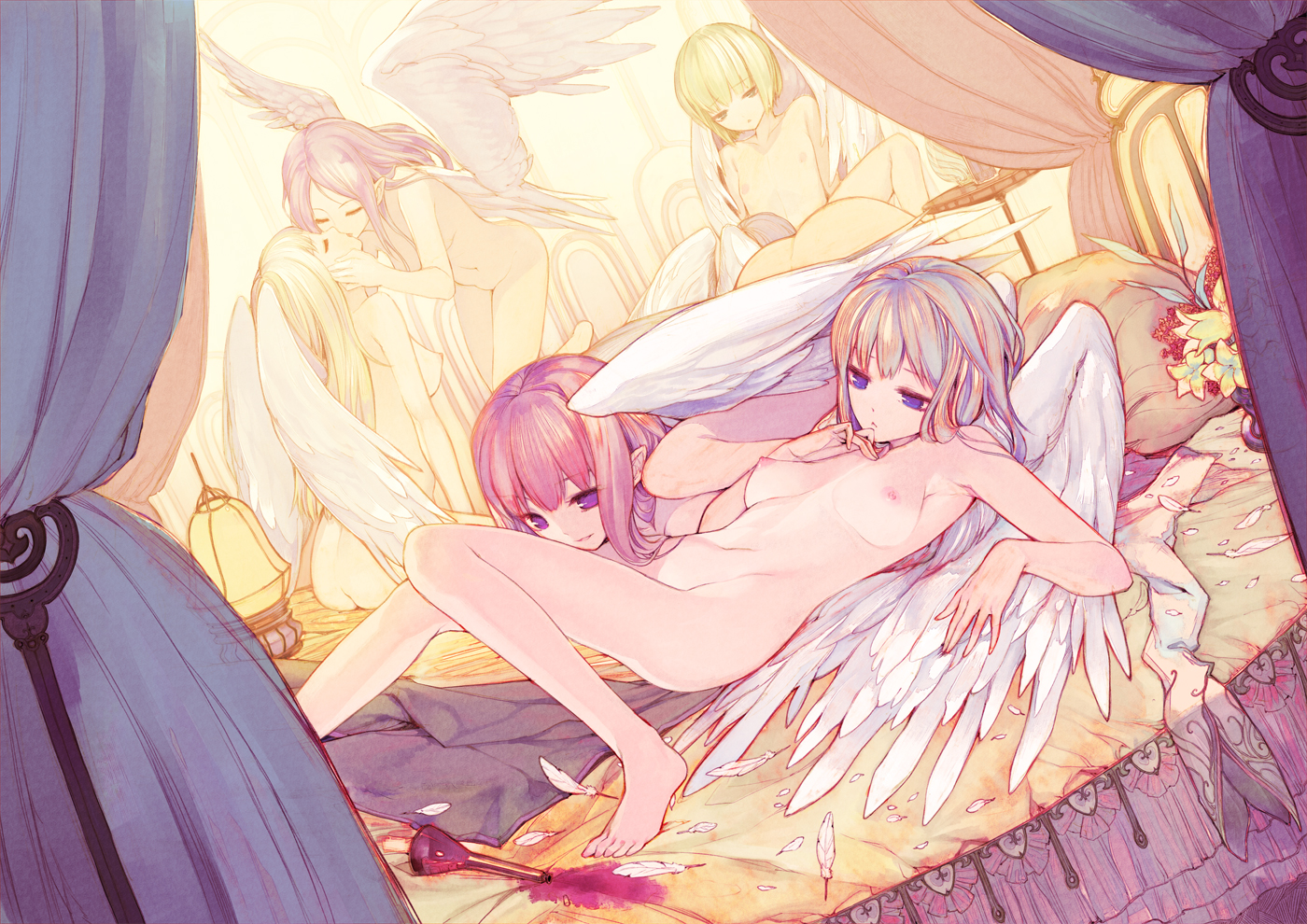 Multiple girls engage in group sex, featuring angel wings, feathers, and a canopy bed.