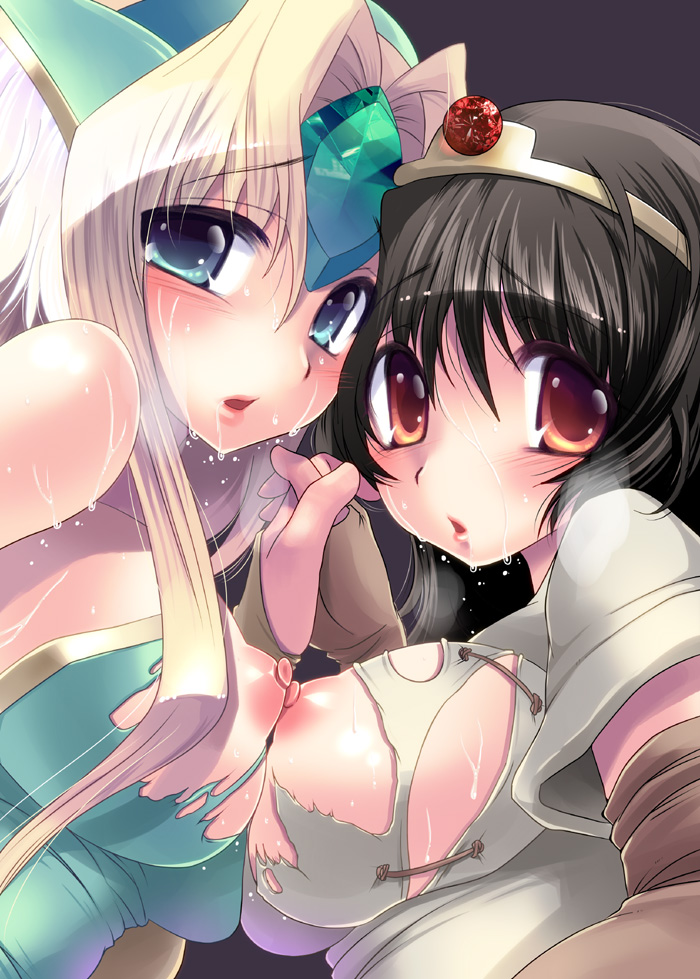 Ki and Riesz engage in yuri, with torn clothes and puffy nipples visible.