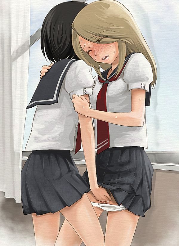 Kumakura Mariko and Oohashi Akiko engage in fingering, with visible female pubic hair and sweat.