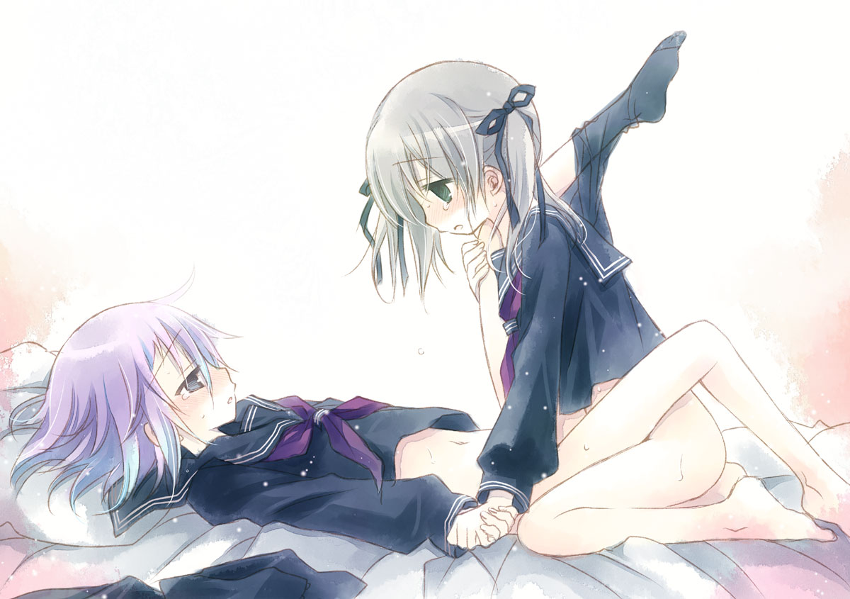 Two girls with green and purple eyes, wearing school uniforms, engage in tribadism, holding hands and blushing.