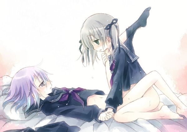 Two girls with green and purple eyes, wearing school uniforms, engage in tribadism, holding hands and blushing.