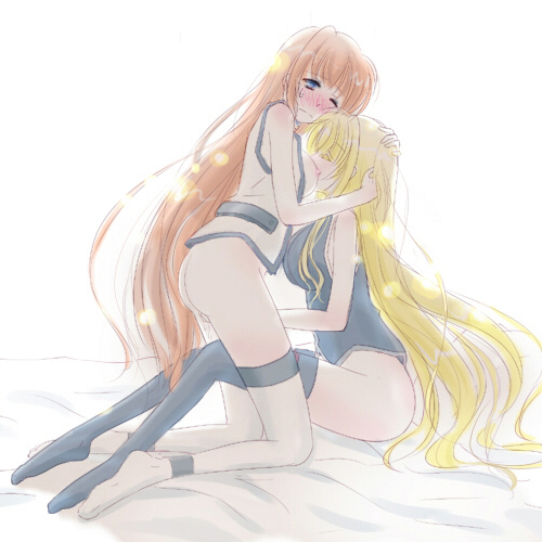 Fate Testarossa and Takamachi Nanoha engage in yuri fingering, with Fate in impulse form and Nanoha in aggressor mode.