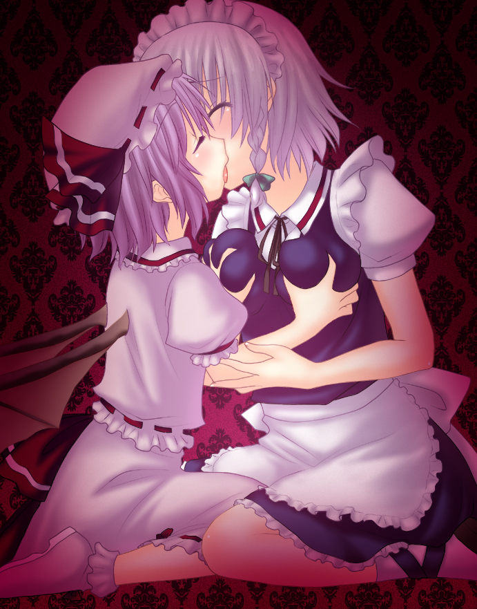 Izayoi Sakuya and Remilia Scarlet kiss passionately, with Sakuya's hat and Remilia's bat wings prominent.