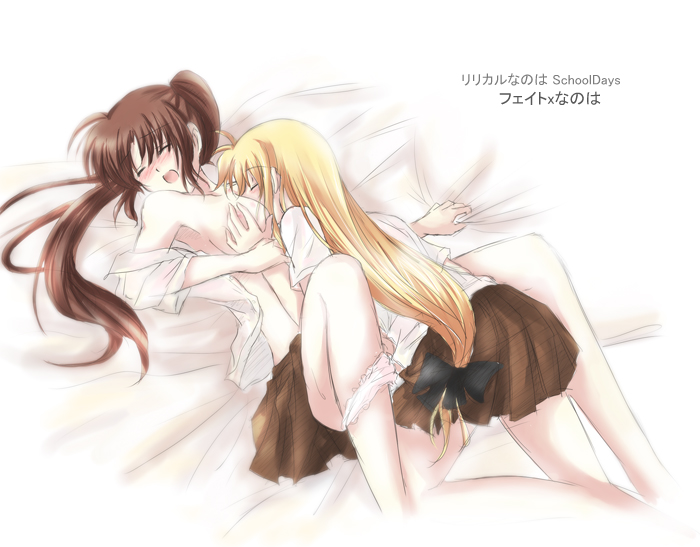 Fate and Nanoha engage in a passionate yuri act, with Fate's blonde hair and Nanoha's school uniform as key details.