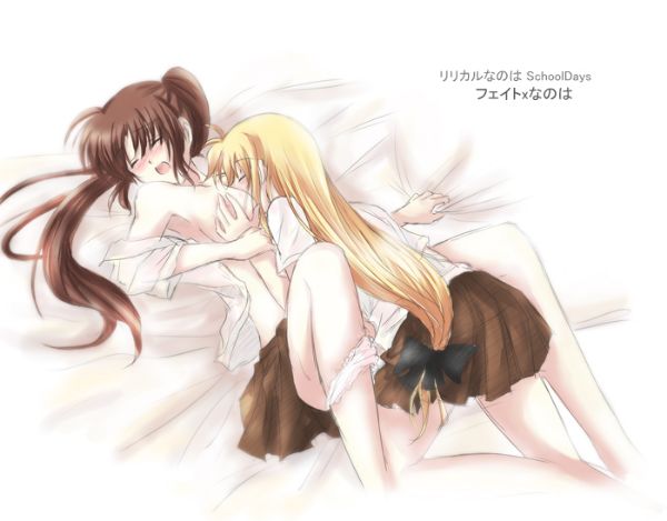 Fate and Nanoha engage in a passionate yuri act, with Fate's blonde hair and Nanoha's school uniform as key details.