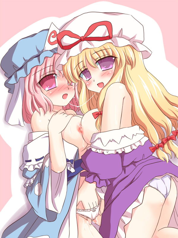 Saigyouji Yuyuko and Yakumo Yukari engage in yuri fingering, with visible pussy juice and saliva trails.