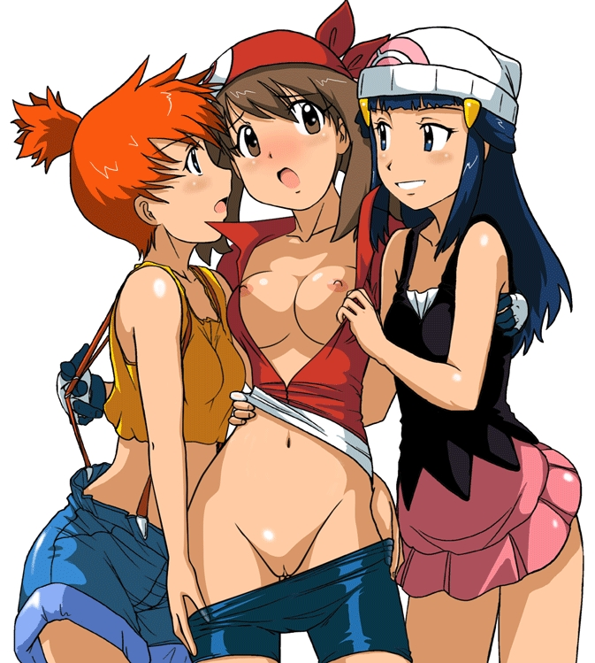 Dawn, May, and Misty engage in yuri, groping, and open shirts, with blue and orange hair.