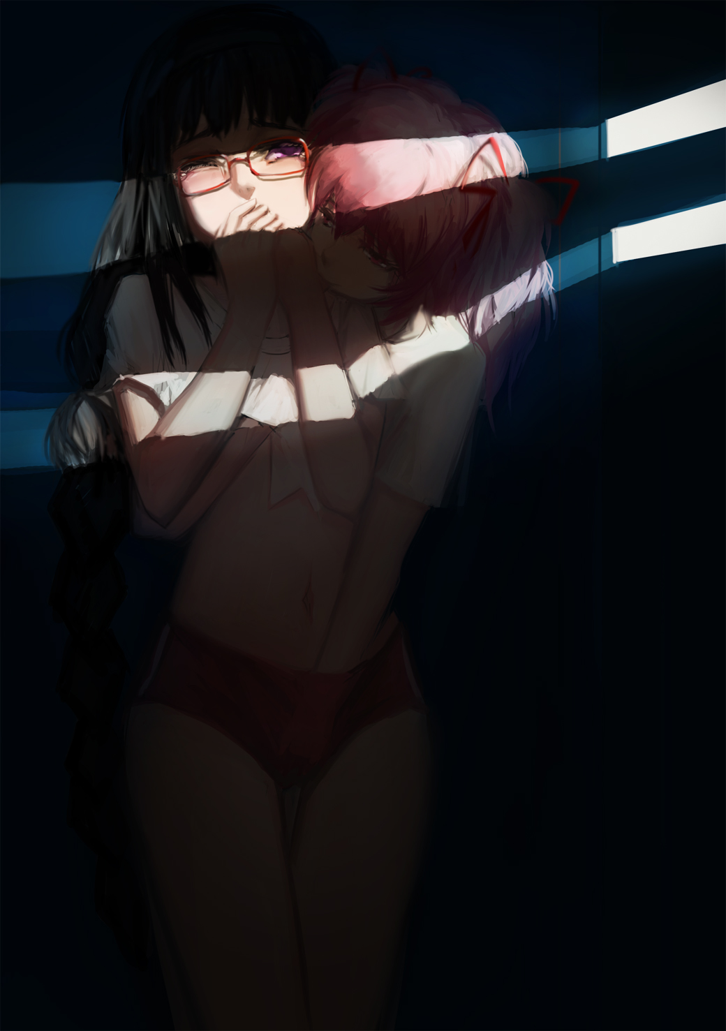 Akemi Homura and Kaname Madoka engage in fingering in a locker, with tears and tongue out.