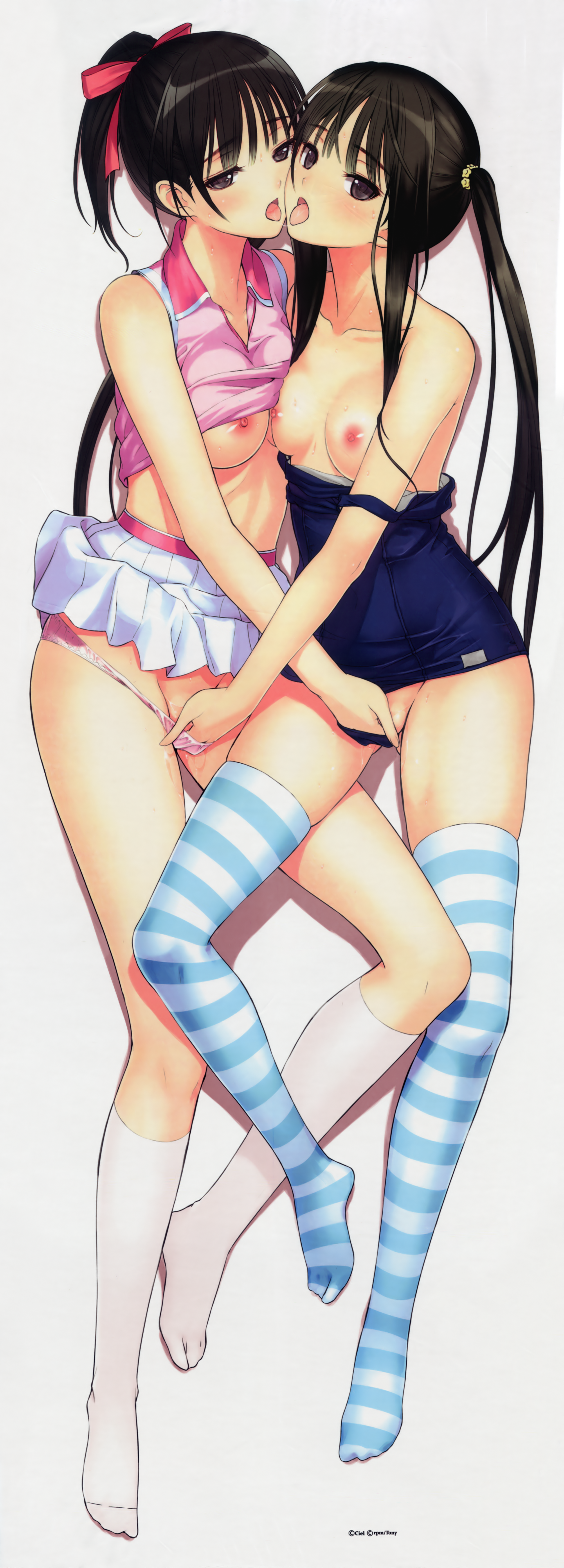 Saeki Ai and Sugiyama Mio engage in mutual fingering, wearing swimsuits, with visible collarbones and pink panties.
