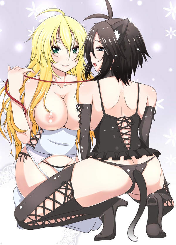 Hoshii Miki and Kikuchi Makoto engage in yuri bondage, with Miki holding a leash, both wearing bustiers and thigh-highs.