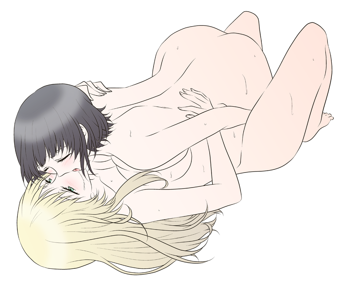 Atago and Takao engage in a passionate breast press and French kiss, with visible saliva and closed eyes.