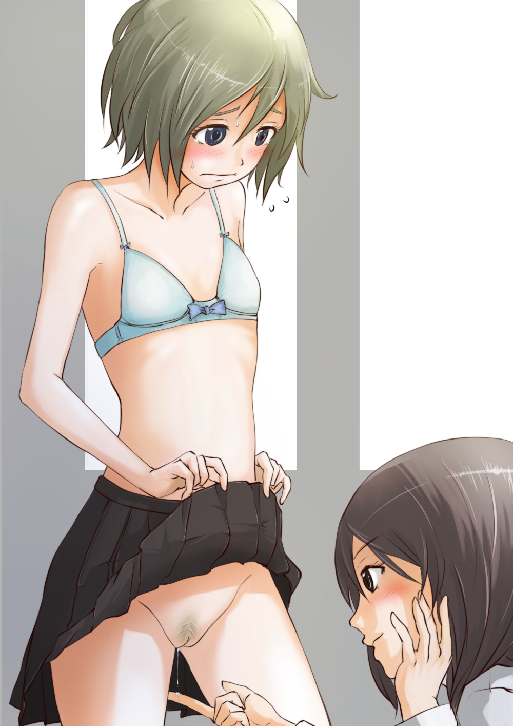 Shirayuki Tomoe and another girl are in a yuri scene, lifting their skirts, with visible pussy and pussy juice.