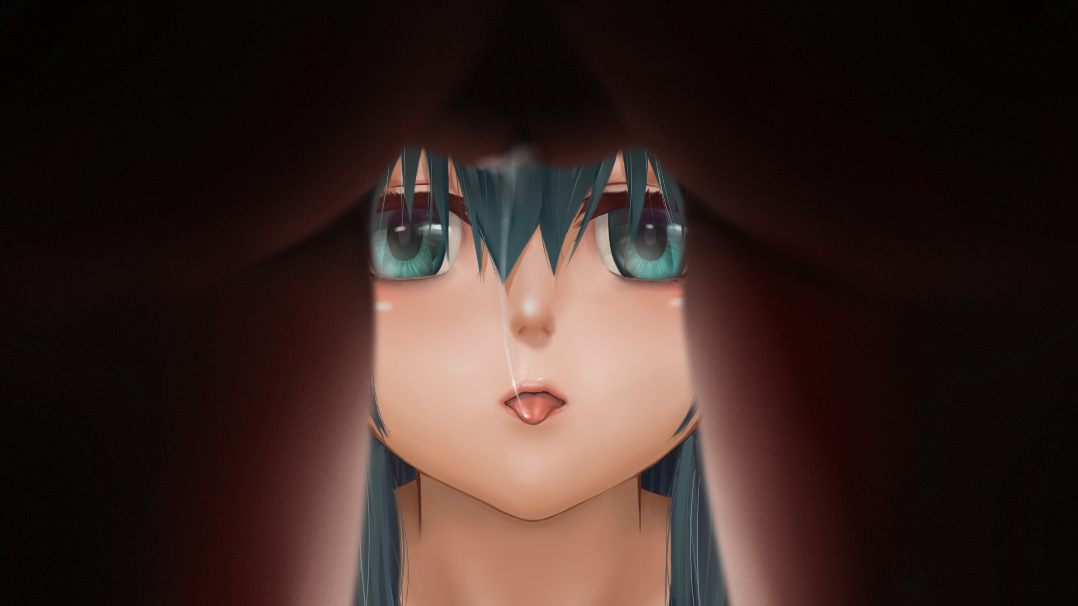 Shirayuki Tomoe and another girl engage in cunnilingus, with saliva trails and tongues out, featuring aqua hair and eyes.