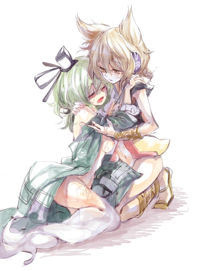 Soga no Tojiko and Toyosatomimi no Miko engage in yuri after fingering, with Tojiko wearing a green dress and Miko in a hat.