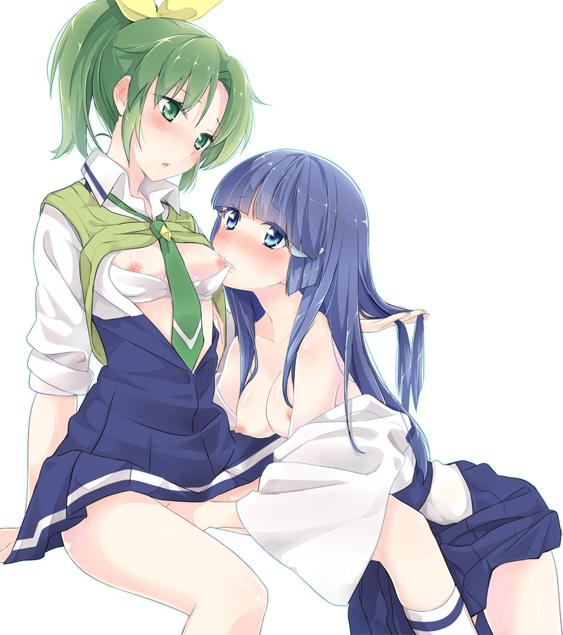 Aoki Reika and Midorikawa Nao engage in fingering, wearing school uniforms with rolled-up sleeves and hair ribbons.