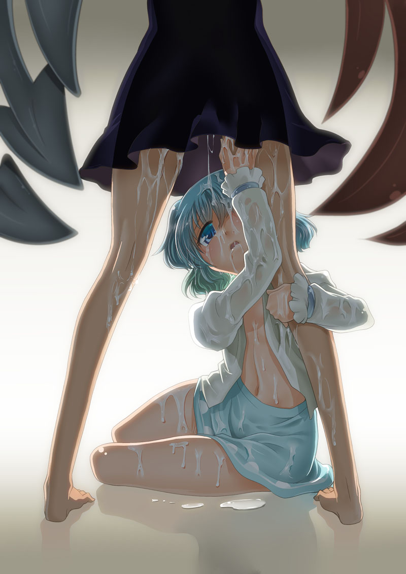 Houjuu Nue and Tatara Kogasa engage in yuri feet play, with Nue hugging Kogasa's leg, pussy juice visible.