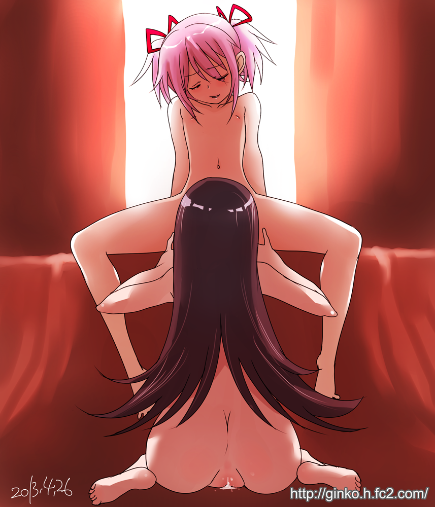 Akemi Homura and Kaname Madoka engage in cunnilingus, both nude, with Homura's black hair and Madoka's pink hair.
